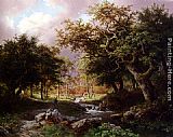 A Wooded Landscape With Figures Along A Stream by Barend Cornelis Koekkoek